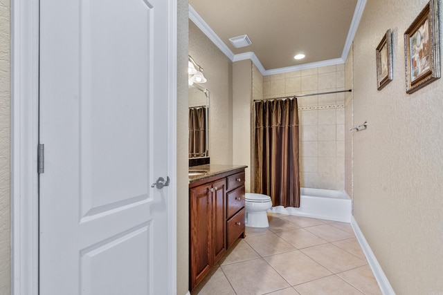 full bathroom with tile patterned floors, toilet, ornamental molding, vanity, and shower / bathtub combination with curtain