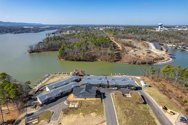 drone / aerial view featuring a water view