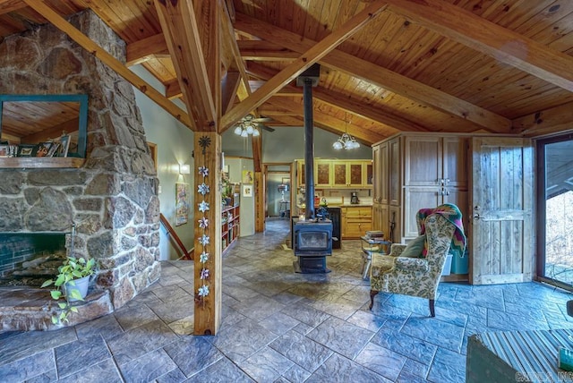 interior space featuring a fireplace, lofted ceiling with beams, wooden ceiling, and a wood stove