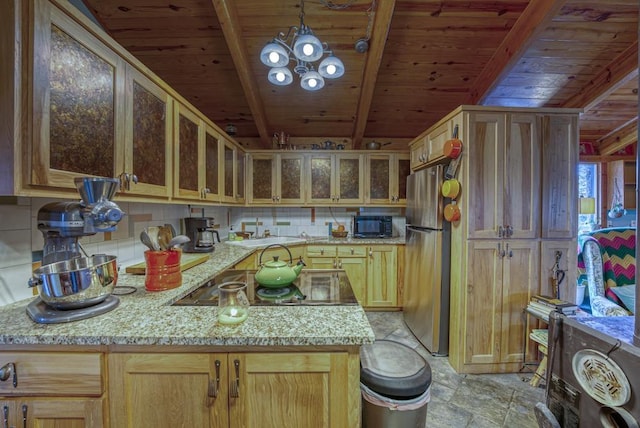 kitchen featuring light stone counters, wood ceiling, tasteful backsplash, and black appliances