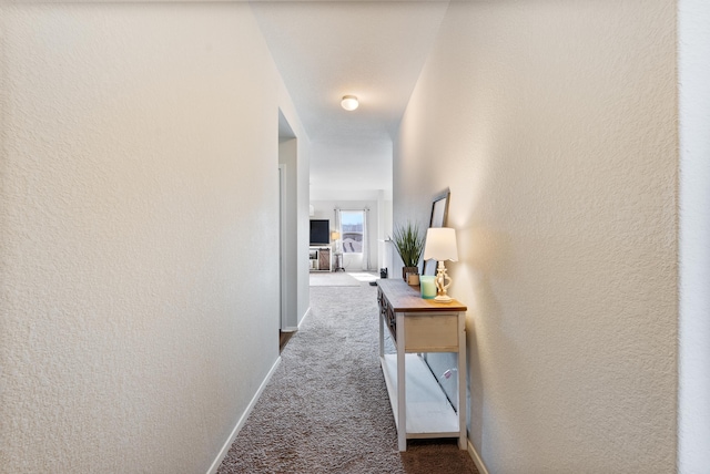 hallway with dark colored carpet