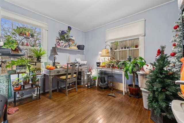 home office with wood finished floors