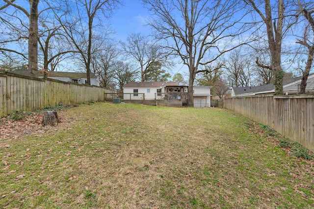 view of yard featuring a fenced backyard and a wooden deck