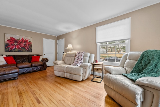 living room with ornamental molding and light hardwood / wood-style flooring