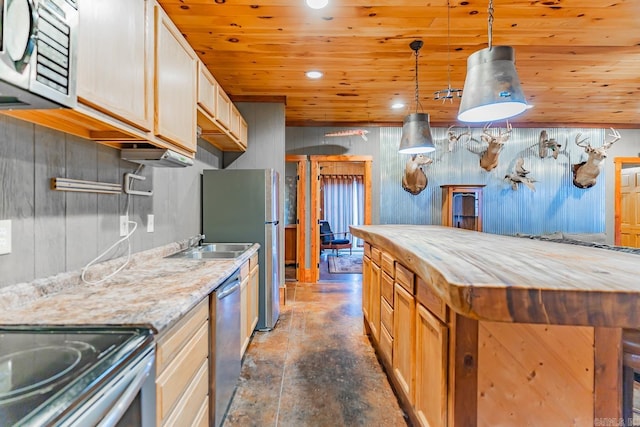 kitchen with appliances with stainless steel finishes, decorative light fixtures, sink, light stone counters, and wooden ceiling