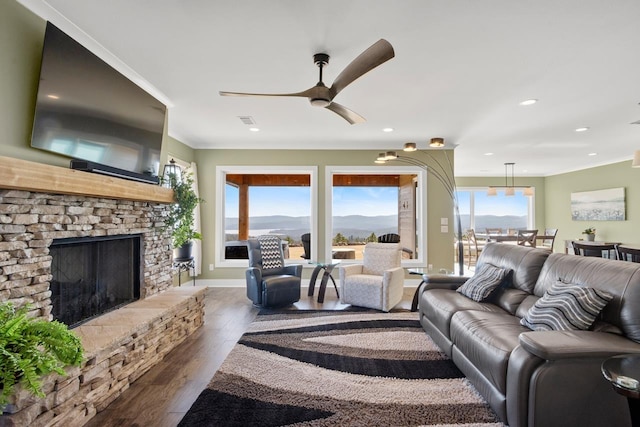 living room featuring a fireplace, dark hardwood / wood-style floors, and ceiling fan