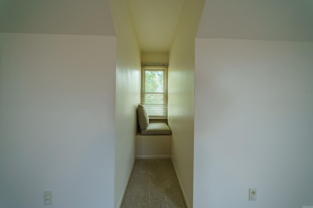 corridor featuring light colored carpet