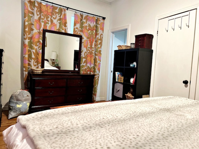 bedroom featuring wood-type flooring and a closet