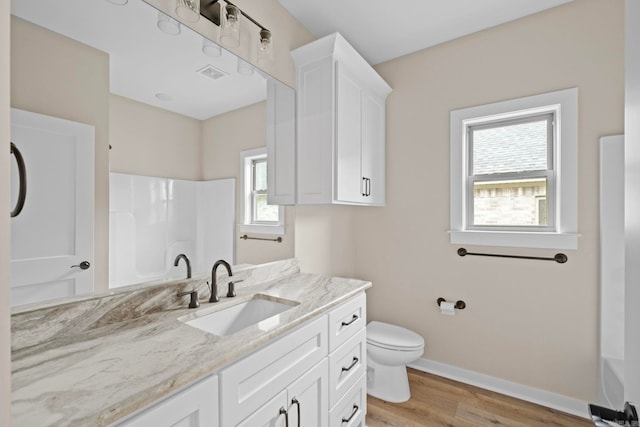 bathroom with wood-type flooring, vanity, and toilet