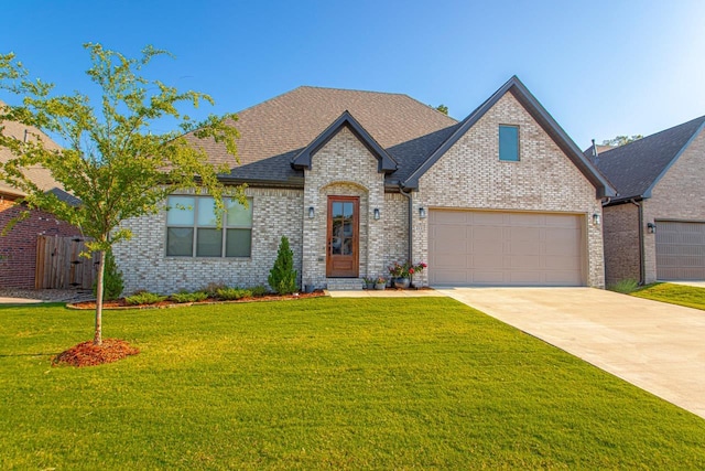 french country style house featuring a garage and a front yard