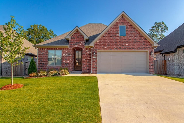 view of front property featuring a garage and a front lawn