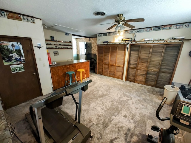 workout room featuring bar area, ceiling fan, a textured ceiling, and carpet flooring
