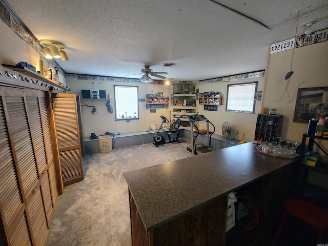 carpeted office featuring ceiling fan, a healthy amount of sunlight, and a textured ceiling