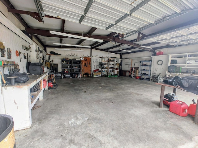 garage with a workshop area