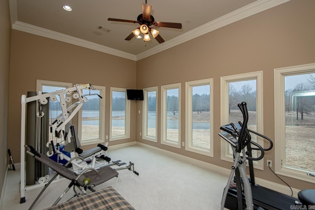 exercise room featuring ceiling fan, light colored carpet, and ornamental molding