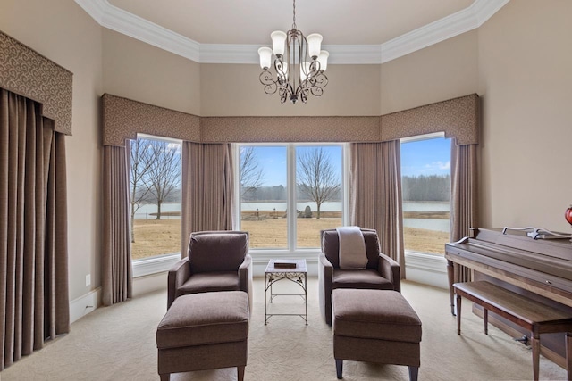 sitting room featuring crown molding, a water view, plenty of natural light, and light colored carpet