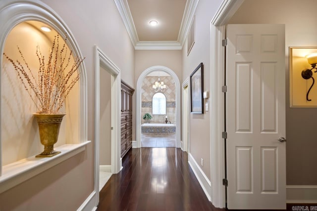 hall with crown molding and dark wood-type flooring