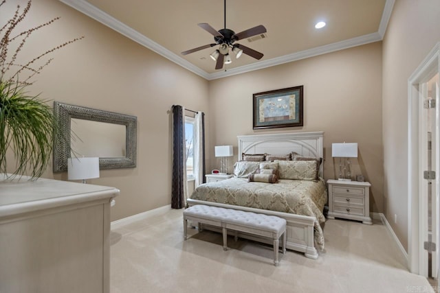 carpeted bedroom with crown molding and ceiling fan