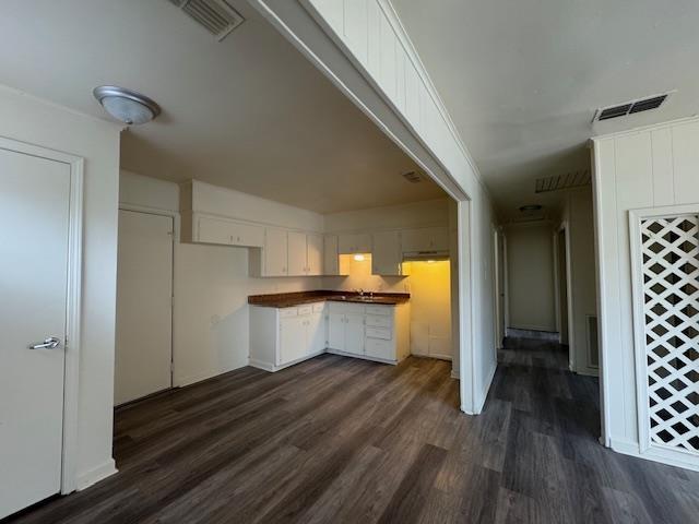 kitchen featuring dark wood-type flooring and white cabinets