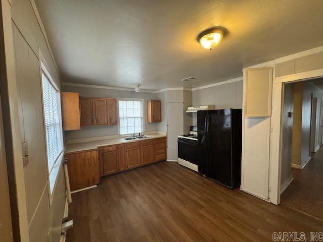 kitchen with sink, black fridge, crown molding, dark hardwood / wood-style floors, and white range