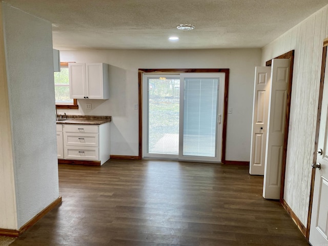 interior space featuring a healthy amount of sunlight, dark wood-type flooring, and white cabinets