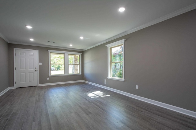 spare room with crown molding and dark wood-type flooring