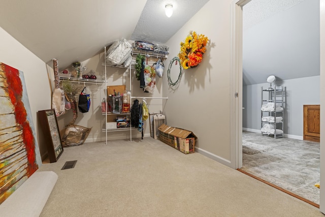 walk in closet featuring carpet floors and vaulted ceiling