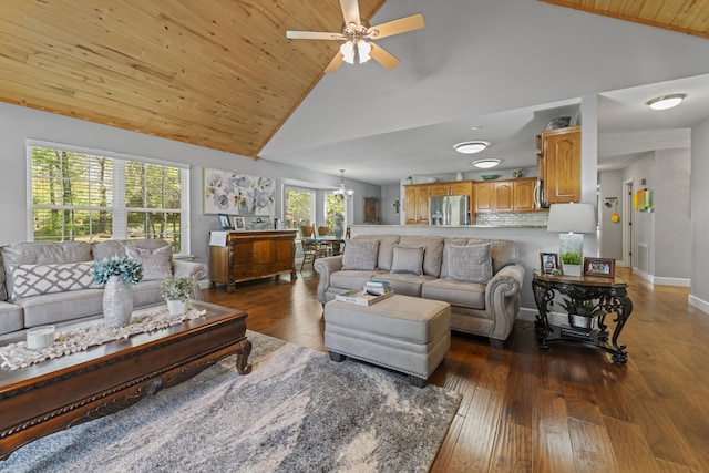 living room with high vaulted ceiling, wooden ceiling, dark hardwood / wood-style floors, and ceiling fan