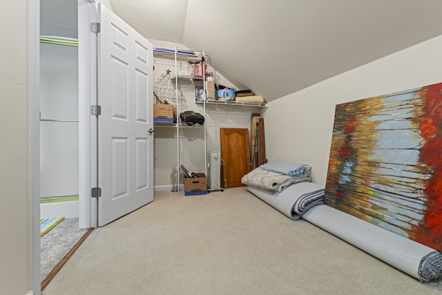 bedroom with lofted ceiling, light carpet, and a textured ceiling