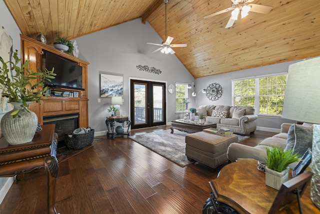 living room featuring french doors, high vaulted ceiling, wooden ceiling, dark hardwood / wood-style flooring, and beamed ceiling