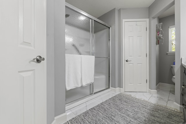 bathroom with vanity, a shower with shower door, and toilet