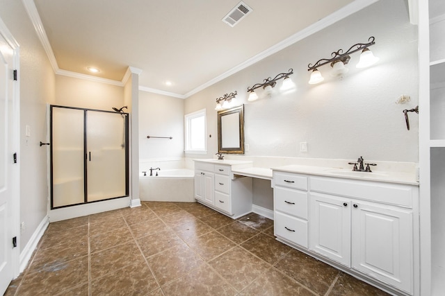 bathroom with vanity, ornamental molding, and shower with separate bathtub