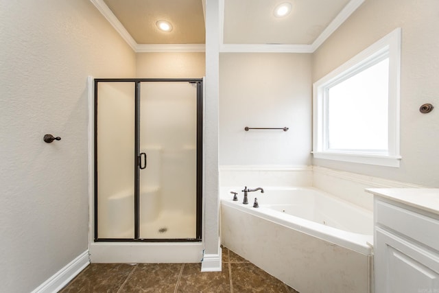 bathroom featuring ornamental molding, plus walk in shower, and vanity