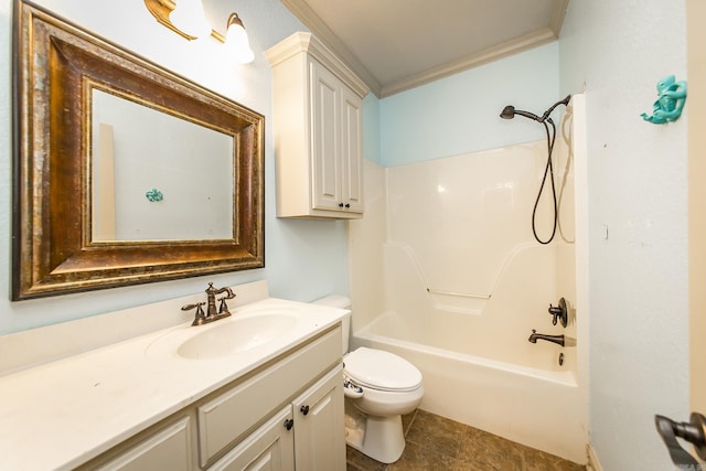 full bathroom with vanity, ornamental molding, shower / washtub combination, and toilet