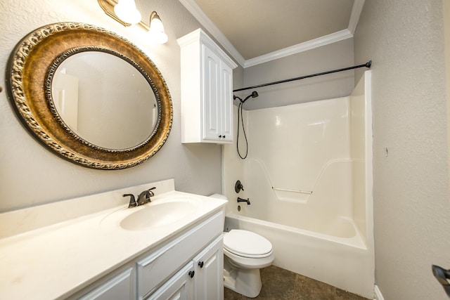 full bathroom with crown molding, vanity, toilet, and shower / bath combination