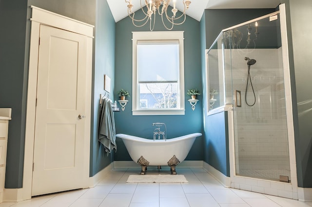 bathroom with an inviting chandelier, tile patterned flooring, independent shower and bath, and vaulted ceiling