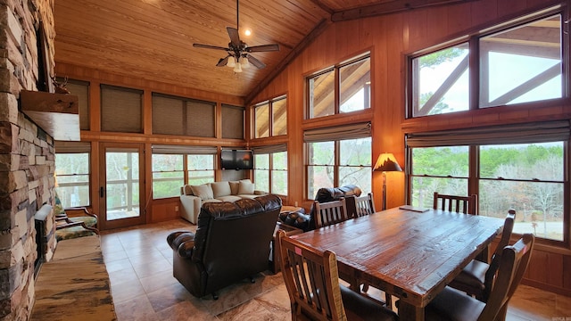 dining space with high vaulted ceiling, a wealth of natural light, wooden ceiling, and wooden walls