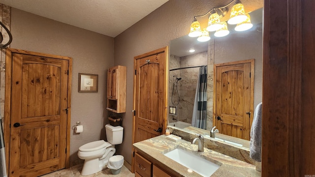 full bathroom with vanity, shower / bathtub combination with curtain, a textured ceiling, and toilet