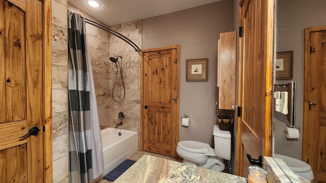 bathroom with toilet, shower / bathtub combination with curtain, and a textured ceiling