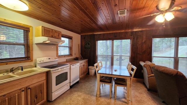 kitchen featuring wood ceiling, sink, white appliances, and ceiling fan