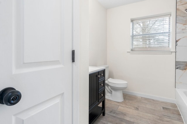 bathroom featuring vanity, toilet, and hardwood / wood-style floors