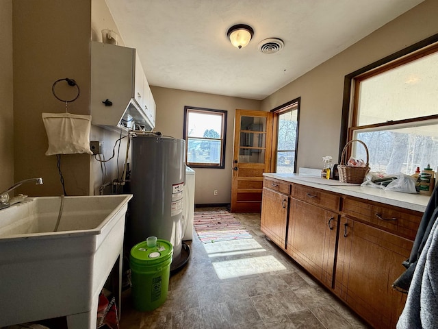 interior space featuring sink, washer / clothes dryer, and electric water heater