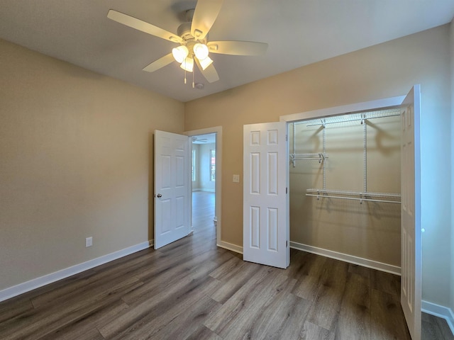 111 Brigance St, Marked Tree, AR 72365 - unfurnished bedroom featuring ceiling fan, wood-type flooring, and a closet