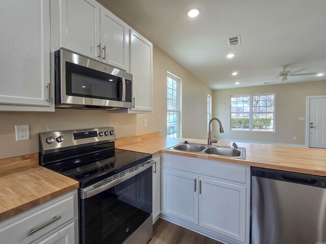 111 Brigance St, Marked Tree, AR 72365 - kitchen featuring wood counters, sink, appliances with stainless steel finishes, a wealth of natural light, and white cabinets