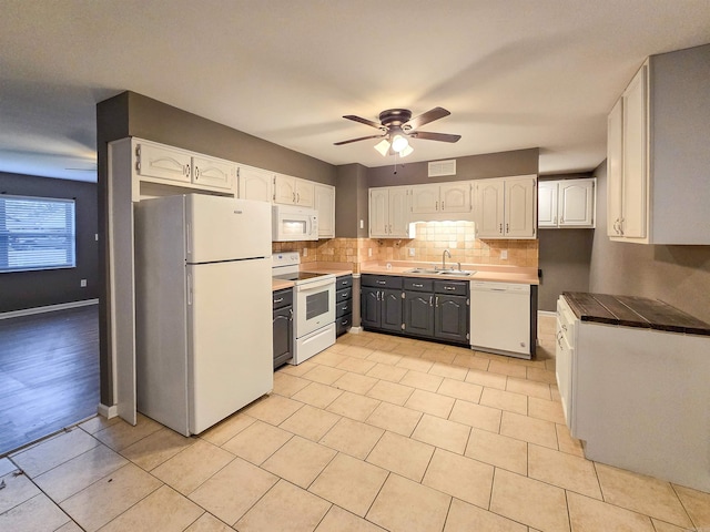 kitchen featuring tasteful backsplash, sink, white cabinets, ceiling fan, and white appliances