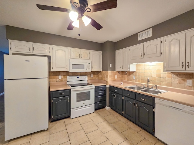 kitchen featuring backsplash, white appliances, sink, and white cabinets