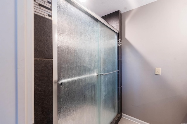 bathroom featuring a shower with shower door