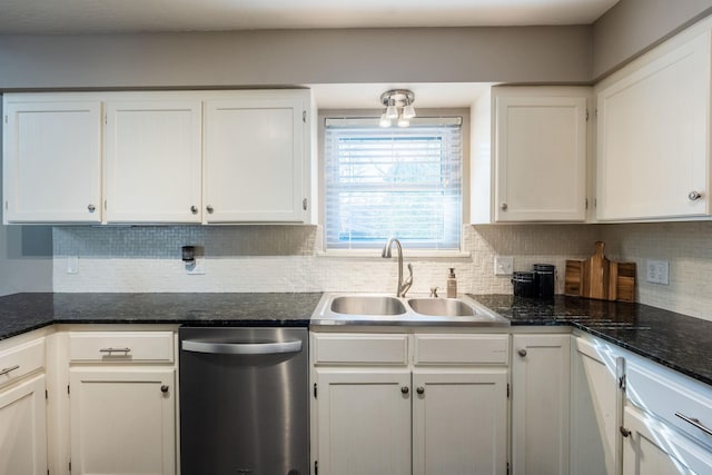 kitchen featuring tasteful backsplash, sink, stainless steel dishwasher, and white cabinets