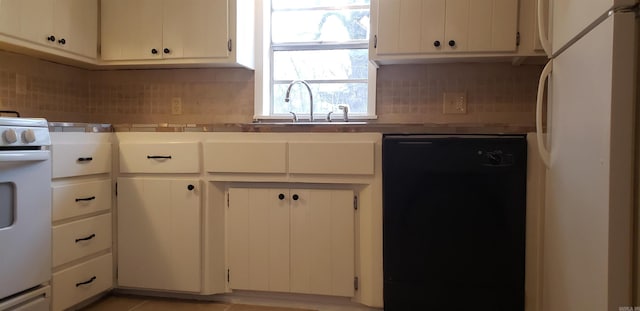 kitchen featuring white cabinetry, sink, backsplash, light tile patterned floors, and white appliances