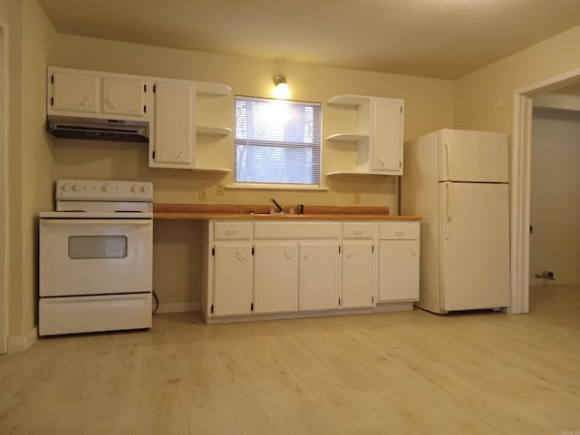 kitchen featuring white cabinetry, sink, white appliances, and light hardwood / wood-style flooring